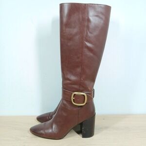 Coach Evelyn Boots Womens 9.5 Walnut Brown Leather Knee High Buckle Block Heel